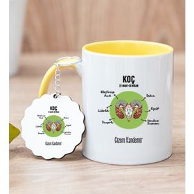 Hediye Dükkanı Kişiye Özel Koç Burcuna Hediye Sarı Kupa Bardak ve Anahtarlık