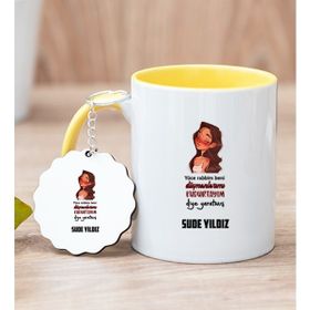 Hediye Dükkanı Kişiye Özel Kudurtayım Diye Tasarım Esprili Sarı Kupa Bardak ve Anahtarlık