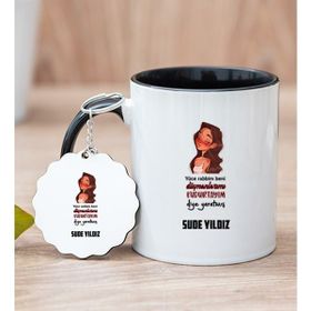 Hediye Dükkanı Kişiye Özel Kudurtayım Diye Tasarım Esprili Siyah Kupa Bardak ve Anahtarlık Seti
