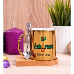 Hediye Dükkanı Kişiye Özel Laborant Ahşap Altlıklı Kaşıklı Gold Kupa Bardak