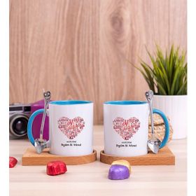 Hediye Dükkanı Kişiye Özel Love Tasarım Hediyelik Ikili Ahşap Altlıklı Mavi Kupa