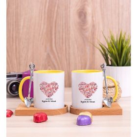 Hediye Dükkanı Kişiye Özel Love Tasarım Hediyelik Ikili Ahşap Altlıklı Sarı Kupa