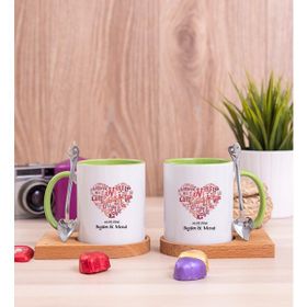Hediye Dükkanı Kişiye Özel Love Tasarım Hediyelik Ikili Ahşap Altlıklı Yeşil Kupa