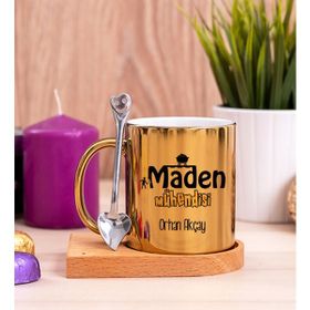 Hediye Dükkanı Kişiye Özel Maden Mühendisi Ahşap Altlıklı Kaşıklı Gold Kupa Bardak