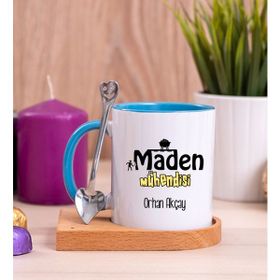 Hediye Dükkanı Kişiye Özel Maden Mühendisi Ahşap Altlıklı Kaşıklı Mavi Kupa