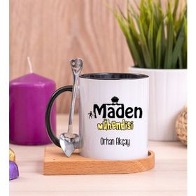 Hediye Dükkanı Kişiye Özel Maden Mühendisi Ahşap Altlıklı Kaşıklı Siyah Kupa Bardak