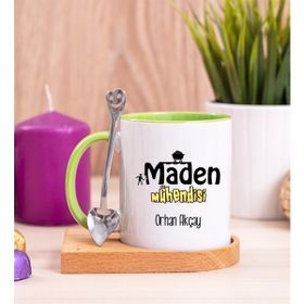 Hediye Dükkanı Kişiye Özel Maden Mühendisi Ahşap Altlıklı Kaşıklı Yeşil Kupa