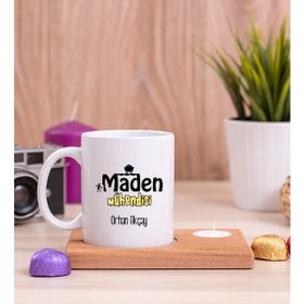Hediye Dükkanı Kişiye Özel Maden Mühendisi Ahşap Altlıklı Mumlu Beyaz Kupa Bardak