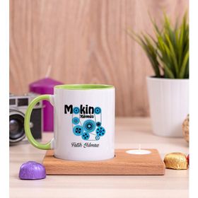 Hediye Dükkanı Kişiye Özel Makine Mühendisi Ahşap Altlıklı Mumlu Yeşil Kupa