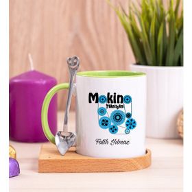 Hediye Dükkanı Kişiye Özel Makine Teknisyeni Ahşap Altlıklı Kaşıklı Beyaz Kupa Bardak