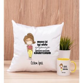 Hediye Dükkanı Kişiye Özel Maske Işi Iyi Oldu Tasarım Esprili Sarı Kupa Bardak ve Kare Yastık