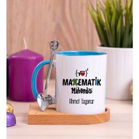 Hediye Dükkanı Kişiye Özel Matematik Mühendisi Ahşap Altlıklı Kaşıklı Mavi Kupa
