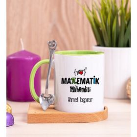 Hediye Dükkanı Kişiye Özel Matematik Mühendisi Ahşap Altlıklı Kaşıklı Yeşil Kupa