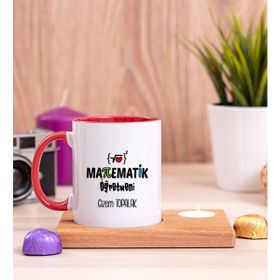 Hediye Dükkanı Kişiye Özel Matematik Öğretmeni Ahşap Altlıklı Mumlu Kırmızı Kupa