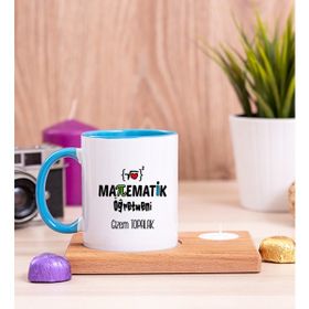 Hediye Dükkanı Kişiye Özel Matematik Öğretmeni Ahşap Altlıklı Mumlu Mavi Kupa