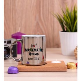 Hediye Dükkanı Kişiye Özel Matematik Öğretmeni Ahşap Altlıklı Mumlu Silver Kupa Bardak
