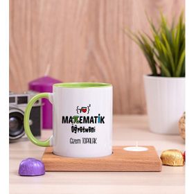 Hediye Dükkanı Kişiye Özel Matematik Öğretmeni Ahşap Altlıklı Mumlu Yeşil Kupa