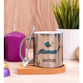 Hediye Dükkanı Kişiye Özel Memur Ahşap Altlıklı Kaşıklı Silver Kupa Bardak