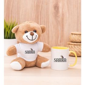Hediye Dükkanı Kişiye Özel Minik Serçe isim Yazılı Sarı Kupa Bardak ve Peluş Ayıcık