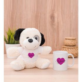 Hediye Dükkanı Kişiye Özel Mor Kalpli İsimli Beyaz Kupa Bardak ve Peluş Köpek