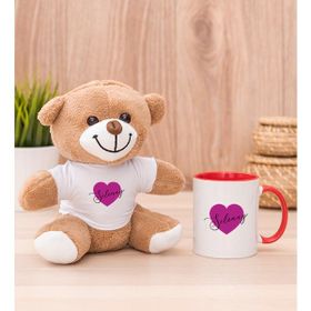 Hediye Dükkanı Kişiye Özel Mor Kalpli isimli Kırmızı Kupa Bardak ve Peluş Ayıcık