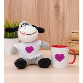 Hediye Dükkanı Kişiye Özel Mor Kalpli isimli Kırmızı Kupa Bardak ve Peluş Eşek