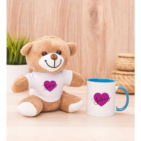 Hediye Dükkanı Kişiye Özel Mor Kalpli isimli Mavi Kupa Bardak ve Peluş Ayıcık