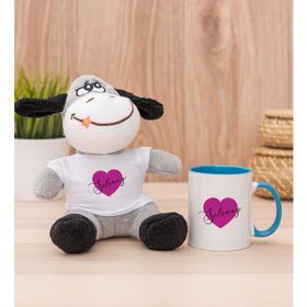 Hediye Dükkanı Kişiye Özel Mor Kalpli isimli Mavi Kupa Bardak ve Peluş Eşek