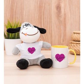 Hediye Dükkanı Kişiye Özel Mor Kalpli isimli Sarı Kupa Bardak ve Peluş Eşek