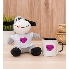 Hediye Dükkanı Kişiye Özel Mor Kalpli isimli Siyah Kupa Bardak ve Peluş Eşek
