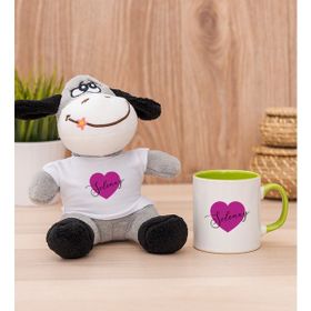 Hediye Dükkanı Kişiye Özel Mor Kalpli isimli Yeşil Kupa Bardak ve Peluş Eşek