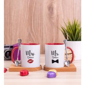 Hediye Dükkanı Kişiye Özel Mr Mrs Tasarımlı Ikili Ahşap Altlıklı Kırmızı Kupa