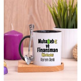 Hediye Dükkanı Kişiye Özel Muhasebe ve Finansman Öğretmeni Ahşap Altlıklı Kaşıklı Siyah Kupa Bardak