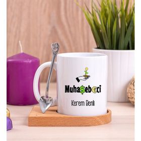 Hediye Dükkanı Kişiye Özel Muhasebeci Ahşap Altlıklı Kaşıklı Beyaz Kupa Bardak