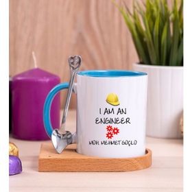 Hediye Dükkanı Kişiye Özel Mühendis Ahşap Altlıklı Kaşıklı Mavi Kupa