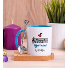 Hediye Dükkanı Kişiye Özel Müzik Öğretmeni Ahşap Altlıklı Kaşıklı Mavi Kupa