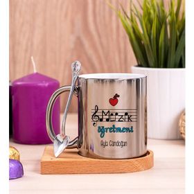 Hediye Dükkanı Kişiye Özel Müzik Öğretmeni Ahşap Altlıklı Kaşıklı Silver Kupa Bardak