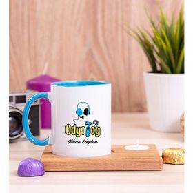 Hediye Dükkanı Kişiye Özel Odyolog Ahşap Altlıklı Mumlu Mavi Kupa