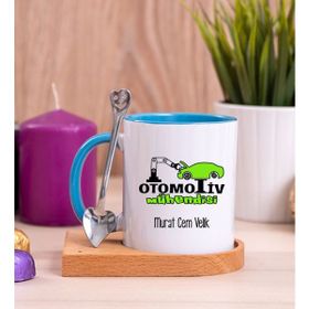 Hediye Dükkanı Kişiye Özel Otomotiv Mühendisi Ahşap Altlıklı Kaşıklı Mavi Kupa