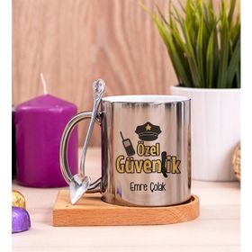 Hediye Dükkanı Kişiye Özel Özel Güvenlik Ahşap Altlıklı Kaşıklı Silver Kupa Bardak