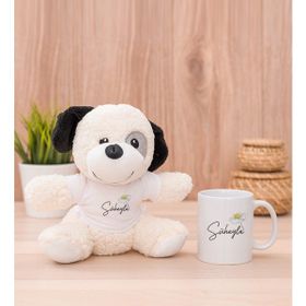 Hediye Dükkanı Kişiye Özel Papatya Tasarımlı İsimli Beyaz Kupa Bardak ve Peluş Köpek