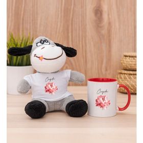 Hediye Dükkanı Kişiye Özel Pembe Çiçekli İsme Özel Kırmızı Kupa Bardak ve Peluş Eşek