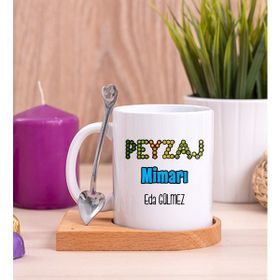 Hediye Dükkanı Kişiye Özel Peyzaj Mimarı Baskılı Ahşap Altlıklı Kaşıklı Beyaz Kupa Bardak