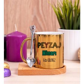 Hediye Dükkanı Kişiye Özel Peyzaj Mimarı Baskılı Ahşap Altlıklı Kaşıklı Gold Kupa Bardak