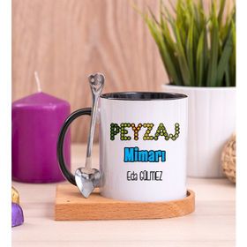 Hediye Dükkanı Kişiye Özel Peyzaj Mimarı Baskılı Ahşap Altlıklı Kaşıklı Siyah Kupa Bardak