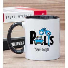 Hediye Dükkanı Kişiye Özel Polis Baskılı Siyah Kupa Bardak