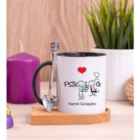 Hediye Dükkanı Kişiye Özel Psikolog Baskılı Ahşap Altlıklı Kaşıklı Siyah Kupa Bardak