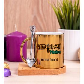 Hediye Dükkanı Kişiye Özel Radyoloji Teknikeri Ahşap Altlıklı Kaşıklı Gold Kupa Bardak
