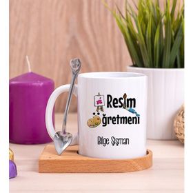 Hediye Dükkanı Kişiye Özel Resim Öğretmeni Ahşap Altlıklı Kaşıklı Beyaz Kupa Bardak