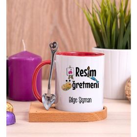 Hediye Dükkanı Kişiye Özel Resim Öğretmeni Ahşap Altlıklı Kaşıklı Kırmızı Kupa